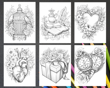 50 Sweet Valentine Grayscale Adult Coloring Pages, Printable PDF Instant Download