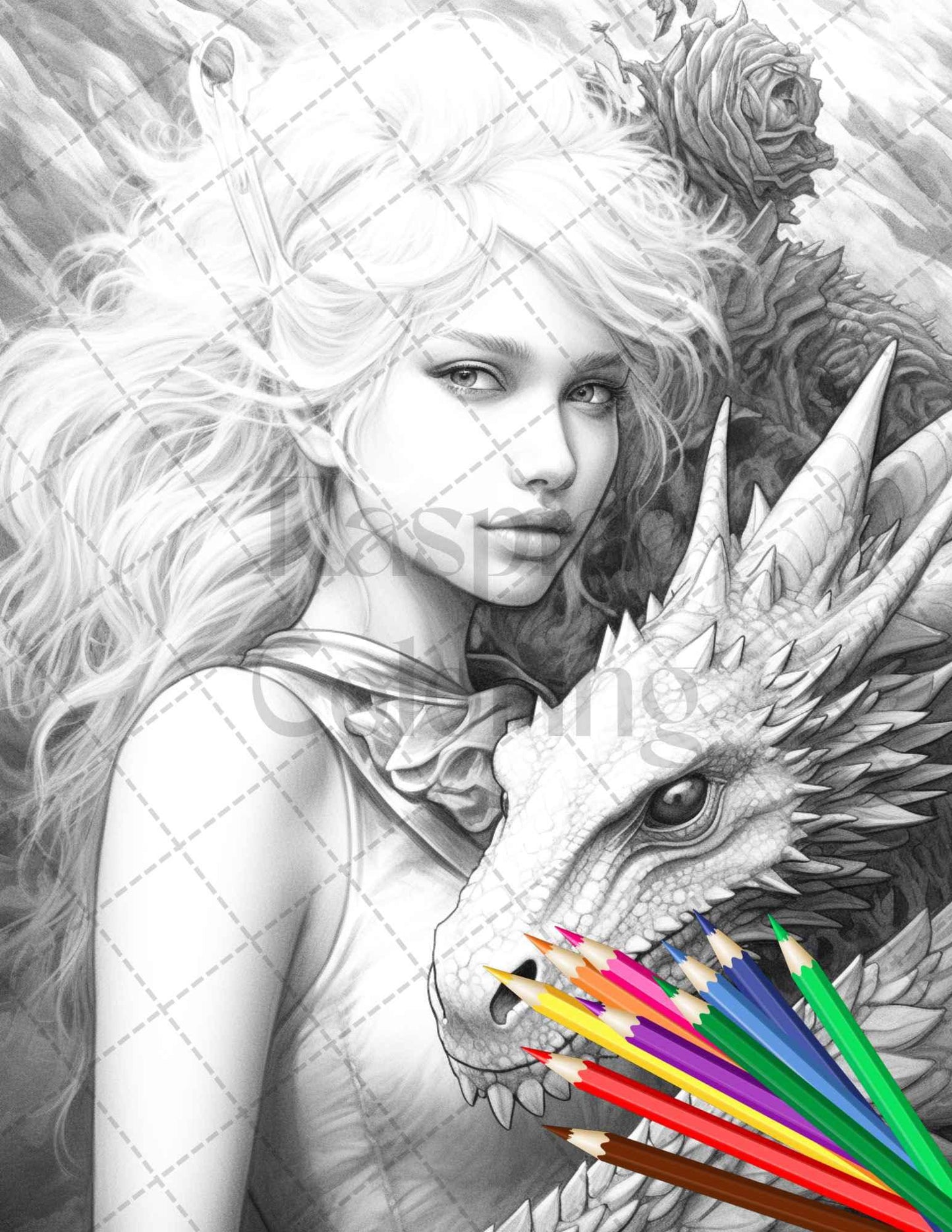 Enchanted Dragon Queens Grayscale Coloring Pages Printable for Adults, PDF File Instant Download