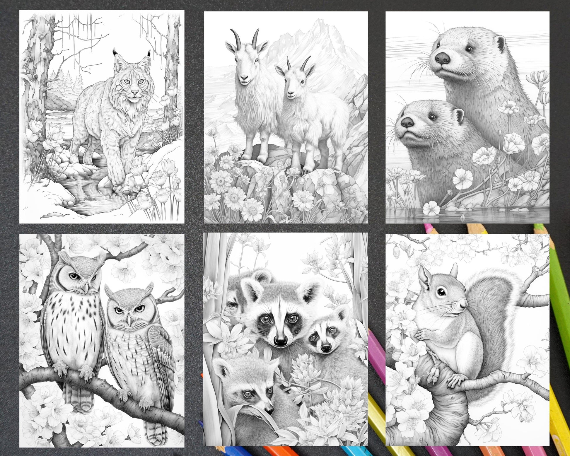 55 Enchanting Spring Animals Grayscale Adult Coloring Pages, Printable PDF Instant Download