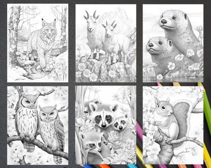 55 Enchanting Spring Animals Grayscale Adult Coloring Pages, Printable PDF Instant Download