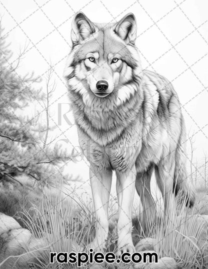55 Wild Animals Grayscale Coloring Pages for Adults, Printable PDF Instant Download