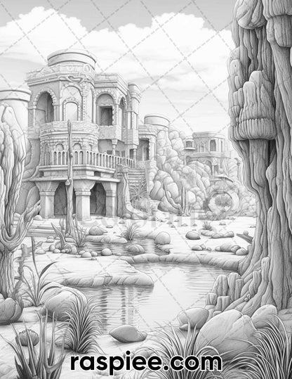55 Desert Oasis Fairy Homes Grayscale Coloring Pages for Adults, Printable PDF Instant Download