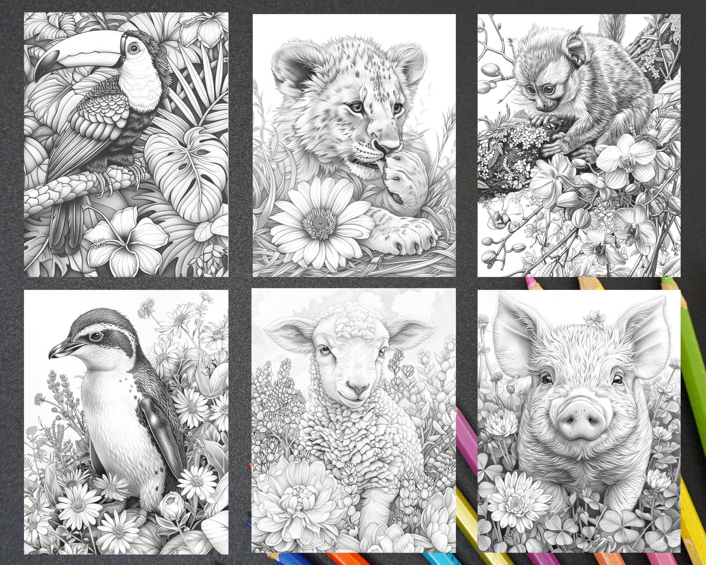 77 Baby Animals with Flowers Grayscale Adult Coloring Pages Printable PDF Instant Download