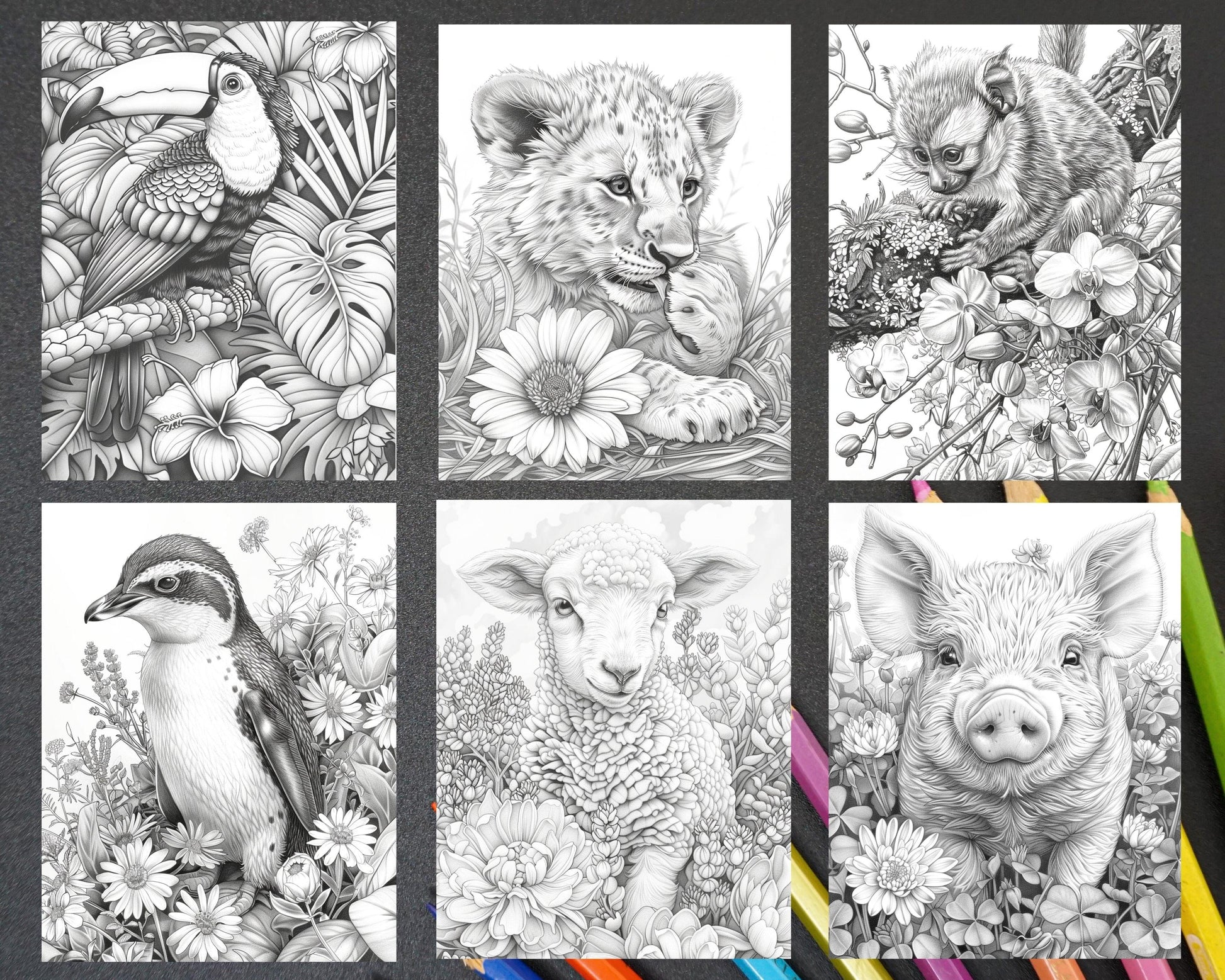 77 Baby Animals with Flowers Grayscale Adult Coloring Pages Printable PDF Instant Download