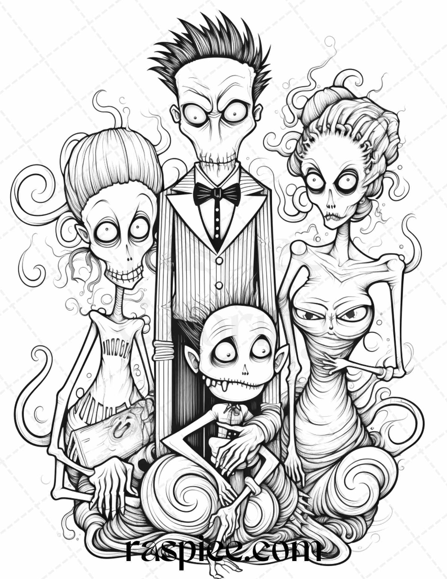 50 Monster Family Grayscale Coloring Pages Printable for Adults - Instant Download, Halloween Coloring Book, Fun and Spooky Designs