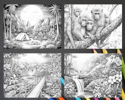 50 Tropical Paradise Grayscale Adult Coloring Pages, Printable PDF Instant Download