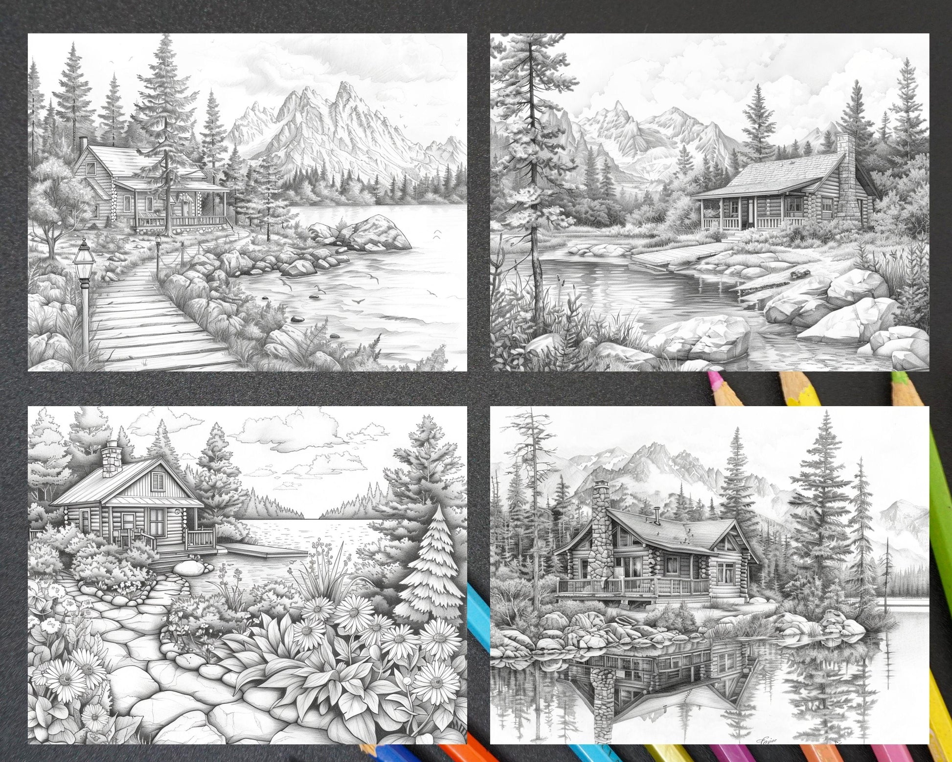 62 Serene Lakeside Cabins Grayscale Adult Coloring Pages, Printable PDF Instant Download