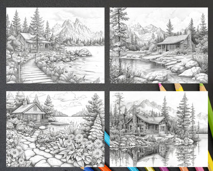 62 Serene Lakeside Cabins Grayscale Adult Coloring Pages, Printable PDF Instant Download