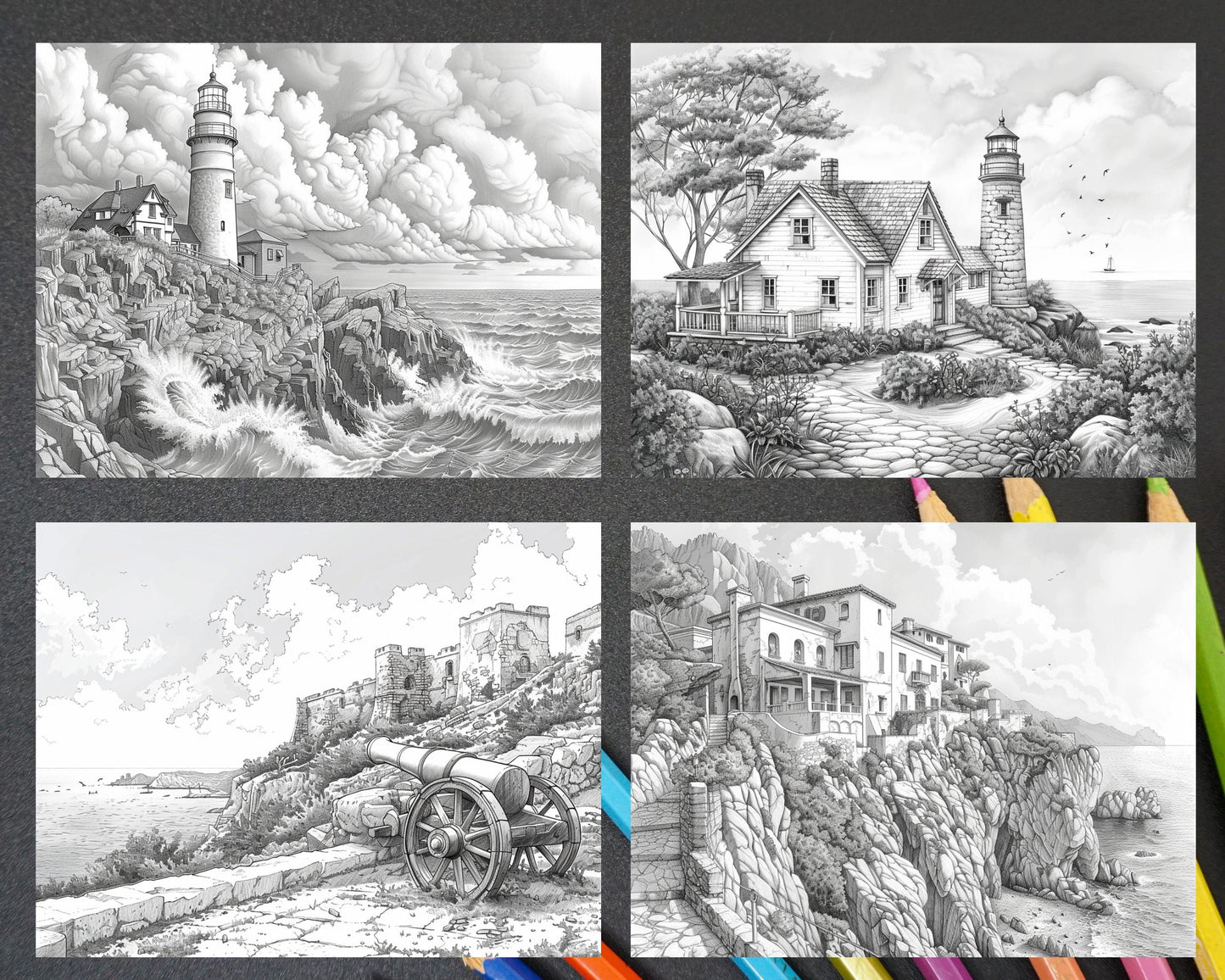 65 Coastal Landscapes Grayscale Adult Coloring Pages, Printable PDF Instant Download