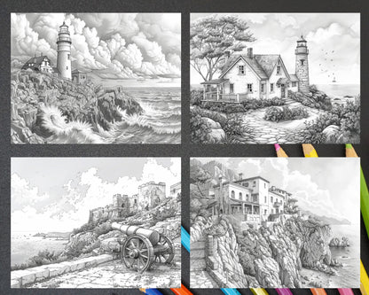 65 Coastal Landscapes Grayscale Adult Coloring Pages, Printable PDF Instant Download