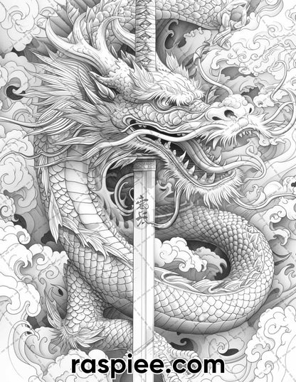 60 Traditional Japanese Tattoos Grayscale Adult Coloring Pages, Printable PDF Instant Download