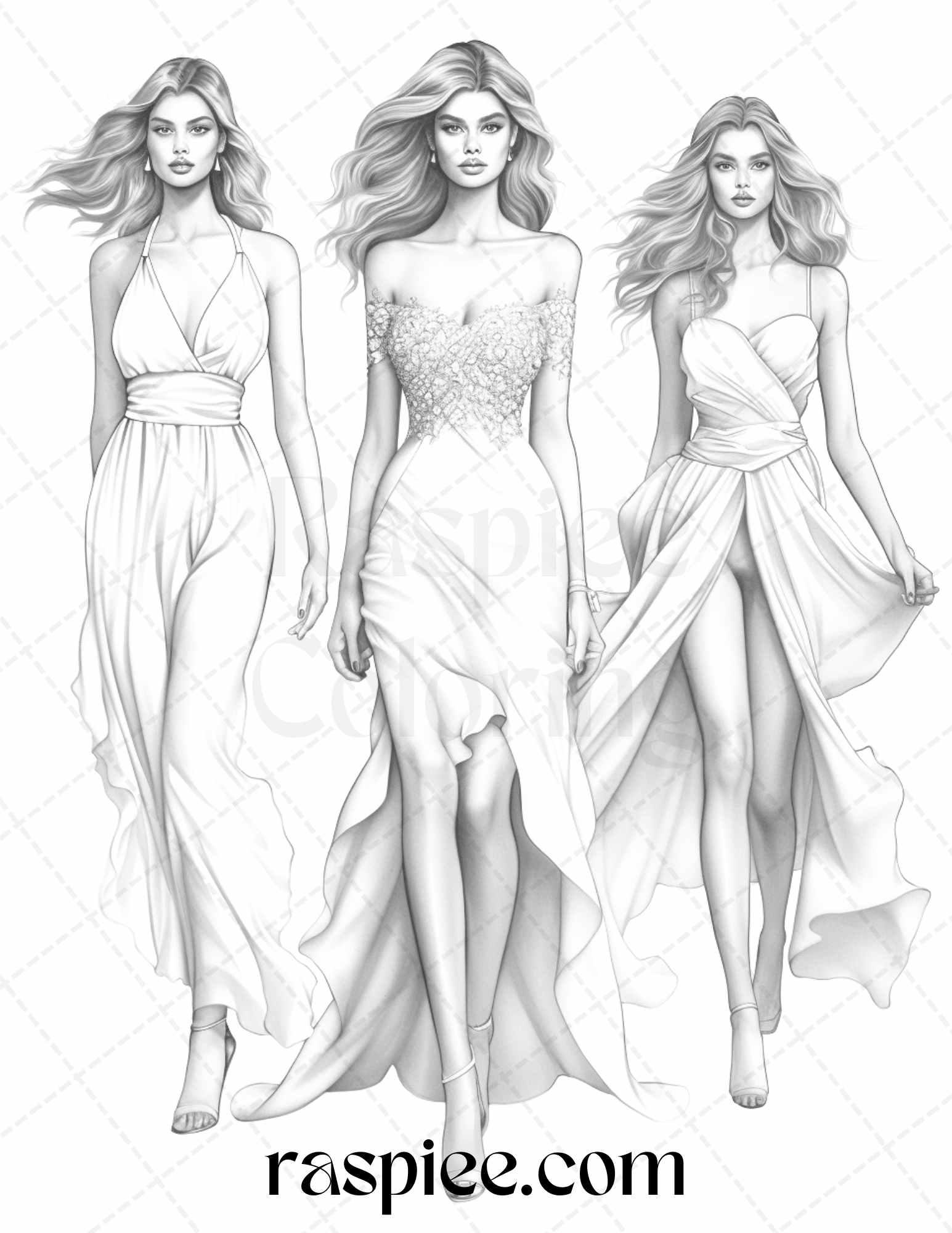 Fashion Show Grayscale Coloring Pages Printable for Adults, PDF File Instant Download