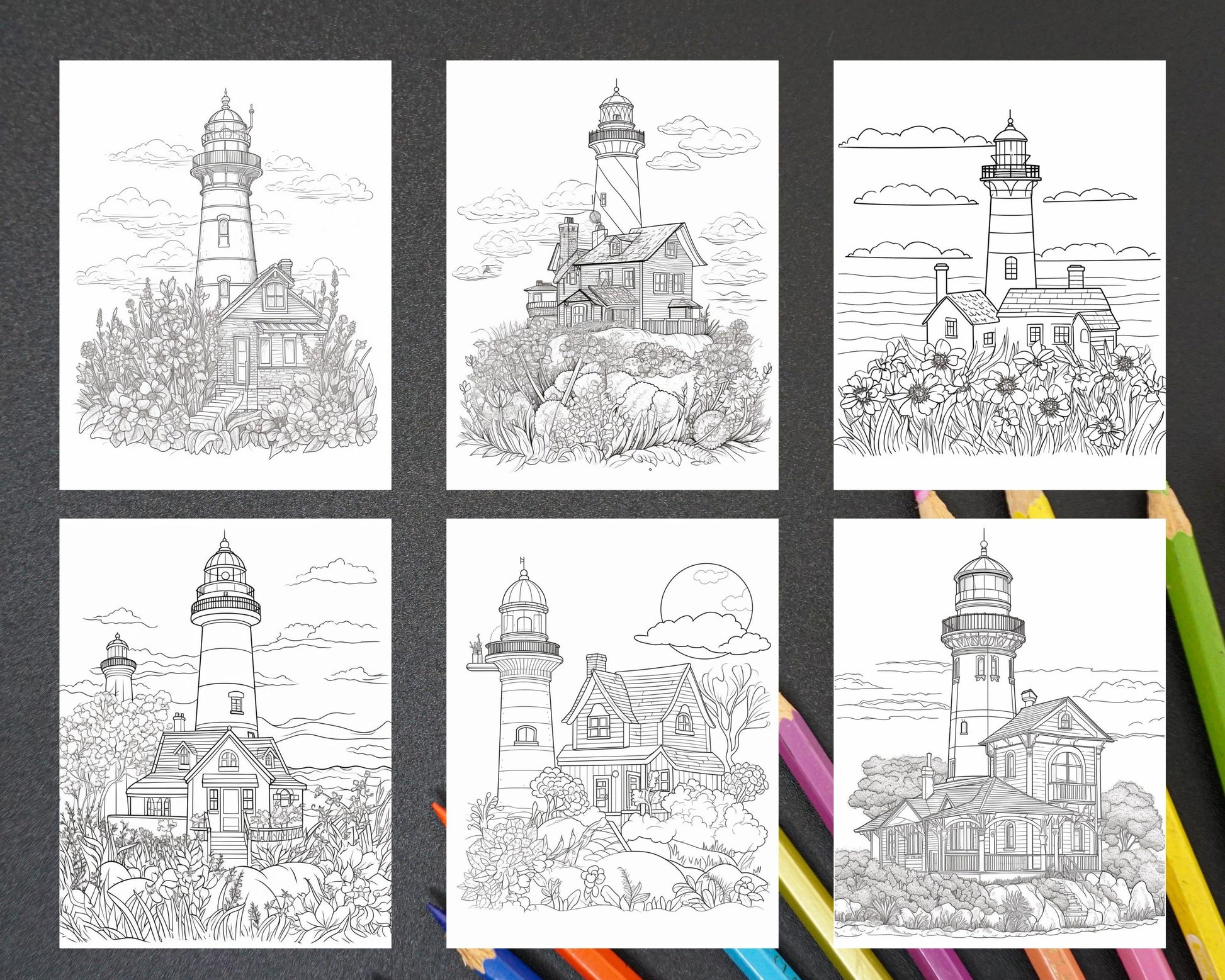 100 Printable Lighthouse Scene Coloring Pages for Adults, Printable PDF File Download