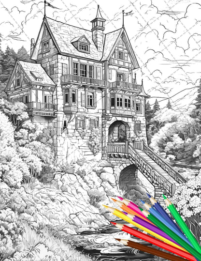 122 Fantasy Castles Coloring Book for Adults, Grayscale Coloring Page, Printable PDF Instant Download