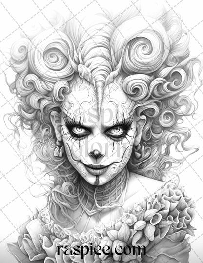 50 Scary Clown Girls Grayscale Coloring Pages Printable for Adults, PDF File Instant Download