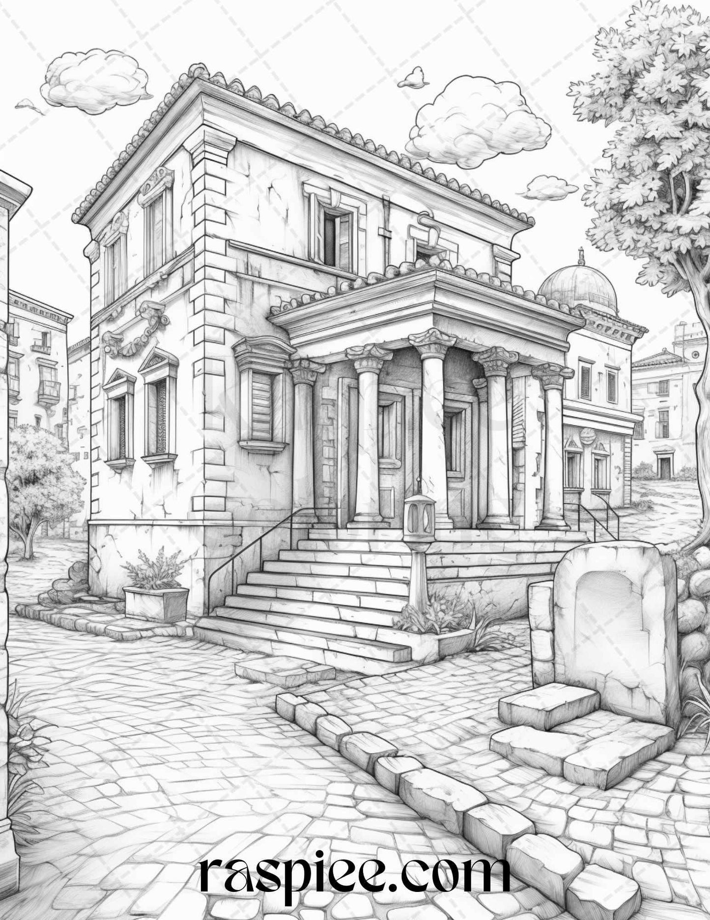Roman Architecture Grayscale Coloring Pages Printable for Adults, PDF File Instant Download