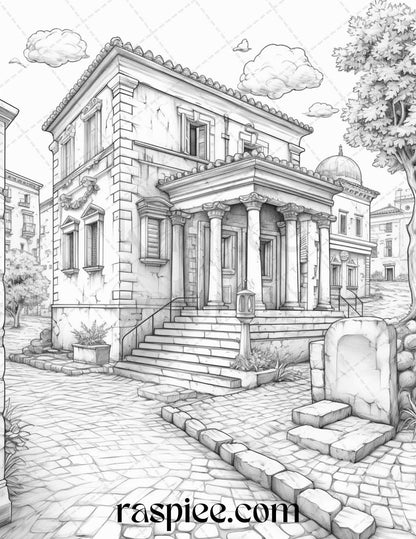 Roman Architecture Grayscale Coloring Pages Printable for Adults, PDF File Instant Download