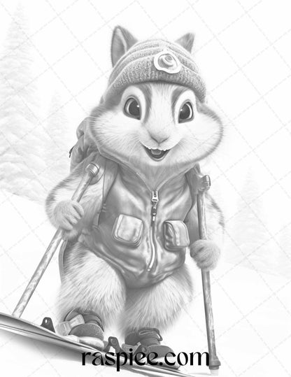 52 Adorable Squirrels Grayscale Coloring Pages Printable for Adults Kids, PDF File Instant Download
