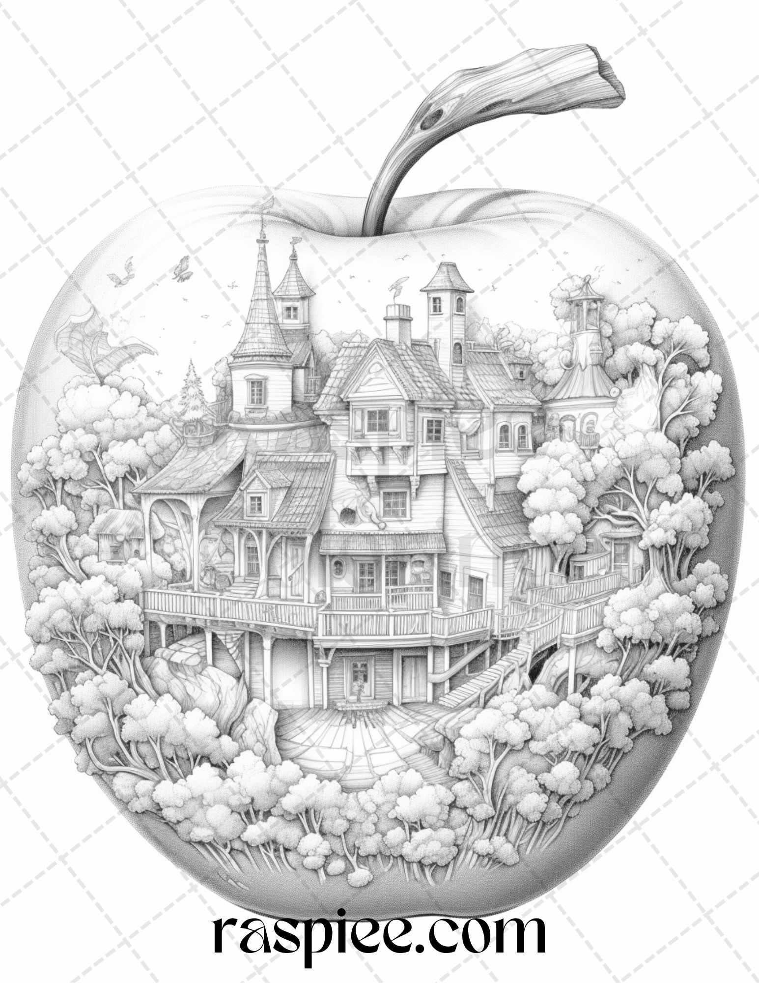 60 Miniworld in the Apple Grayscale Coloring Pages Printable for Adults, PDF File Instant Download