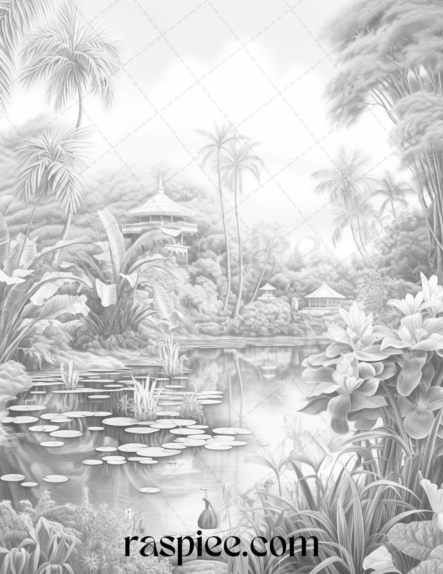 52 Tropical Oasis Grayscale Coloring Pages Printable for Adults, PDF File Instant Download