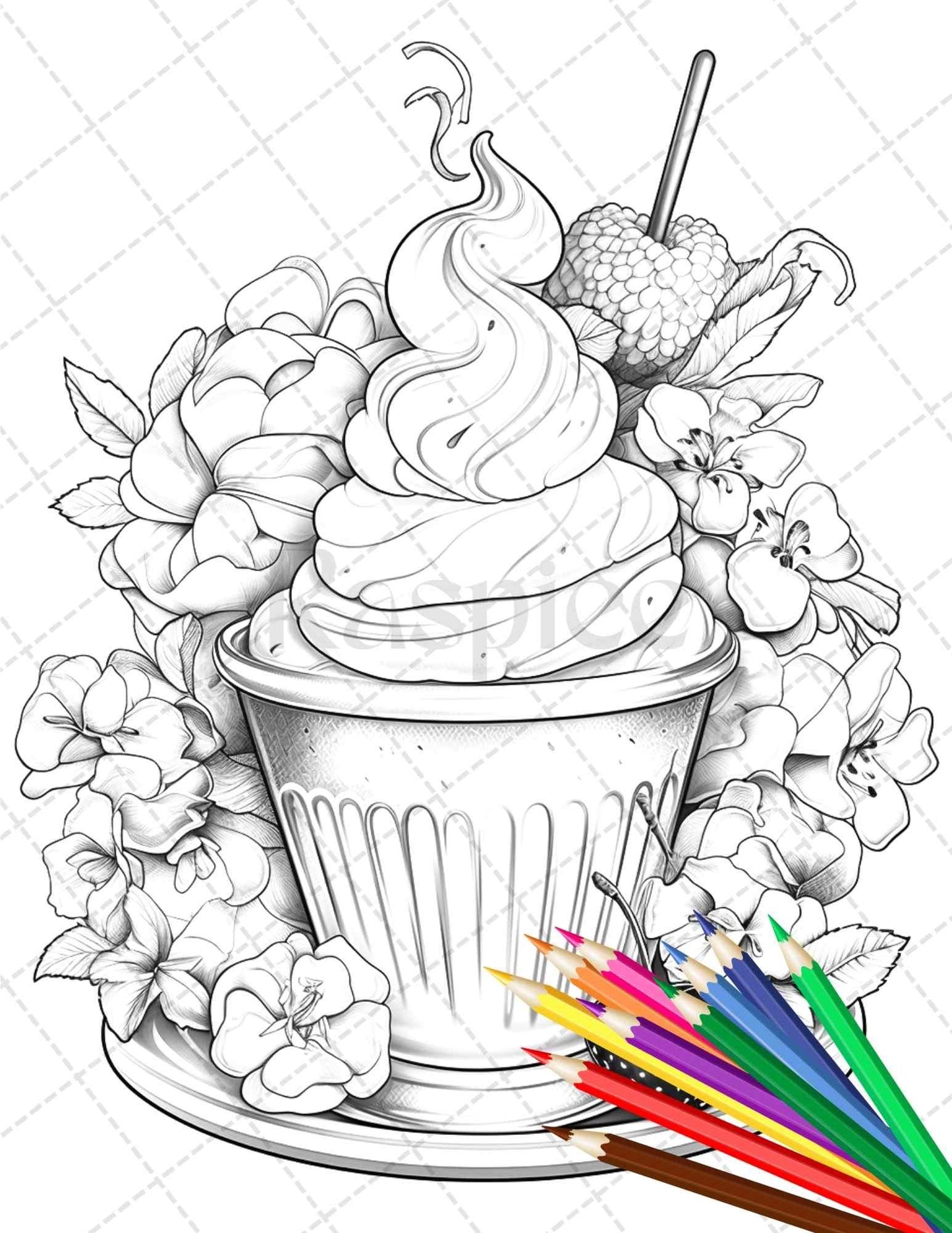 52 Printable Ice Cream Desserts Coloring Pages for Adults and Kids, Grayscale Coloring Page, PDF File Instant Download