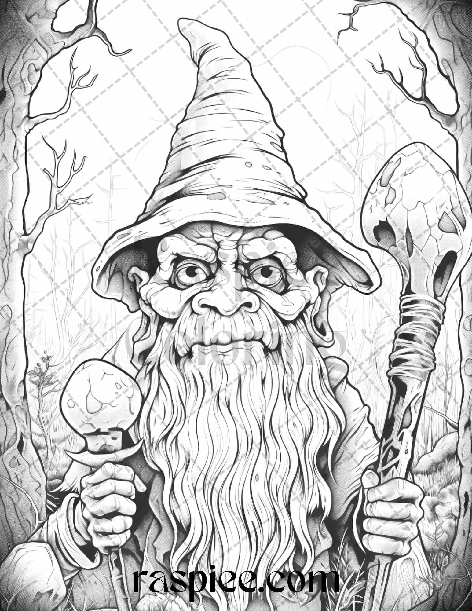 50 Horror Zombie Gnomes Grayscale Coloring Pages Printable for Adults, PDF File Instant Download
