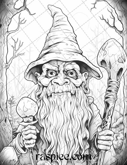 50 Horror Zombie Gnomes Grayscale Coloring Pages Printable for Adults, PDF File Instant Download