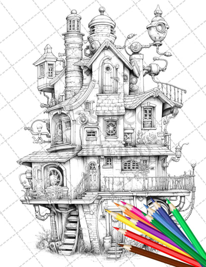 50 Steampunk Houses Grayscale Coloring Pages Printable for Adults, PDF File Instant Download