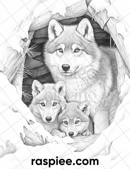 50 Winter Wolf Grayscale Coloring Pages for Adults, Printable PDF Instant Download