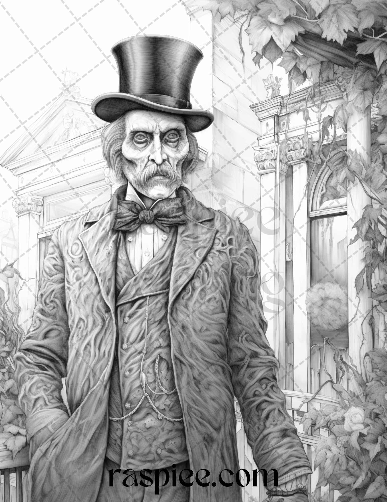 60 Halloween Victorian Era Grayscale Coloring Pages Printable for Adults, PDF File Instant Download