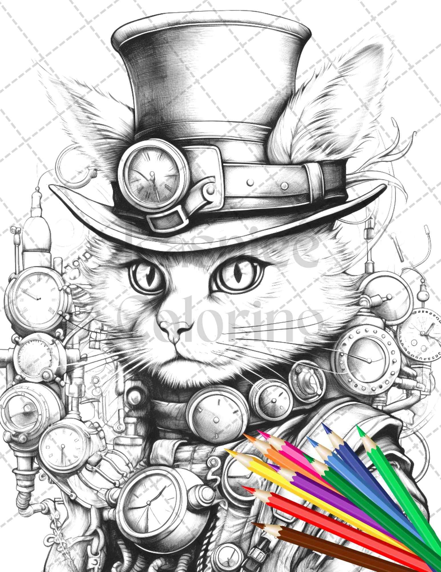 60 Steampunk Animals Grayscale Coloring Pages Printable for Adults, PDF File Instant Download