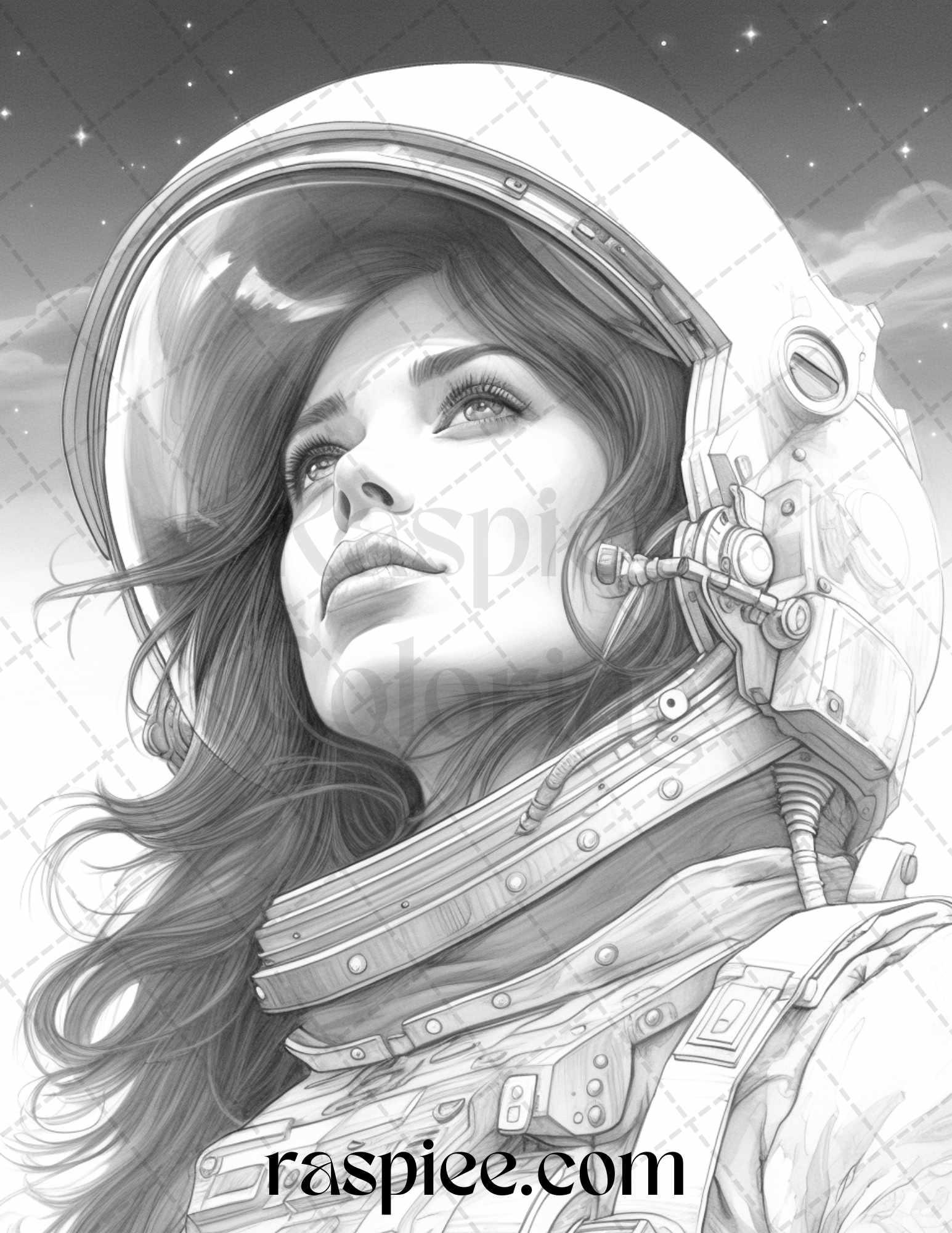 50 Astronaut Girl Portrait Grayscale Coloring Pages Printable for Adults, PDF File Instant Download
