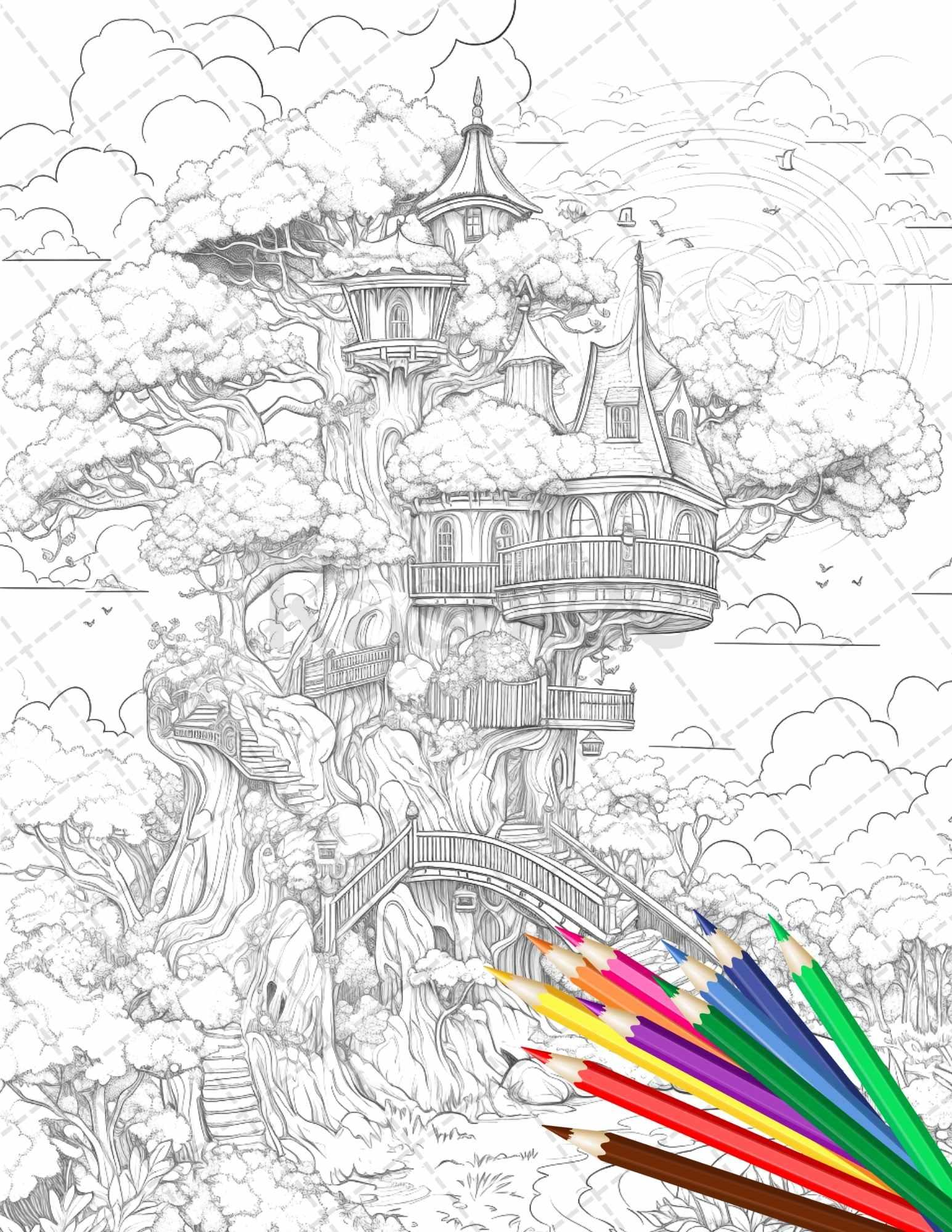 110 Enchanted Treehouse Coloring Book Printable for Adults, Grayscale Coloring Page, PDF File Instant Download