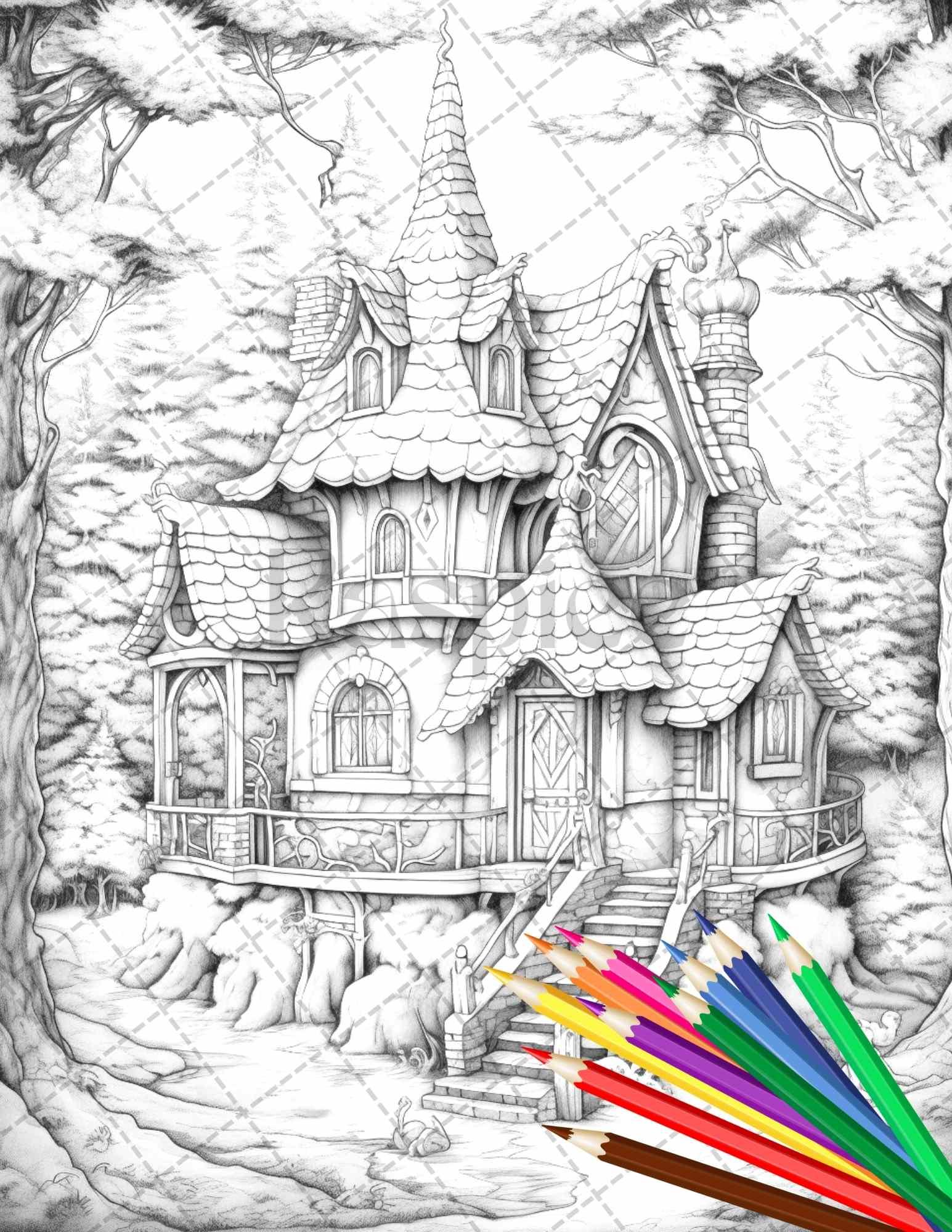 63 Winter Fairy Houses Grayscale Coloring Pages Printable for Adults, PDF File Instant Download