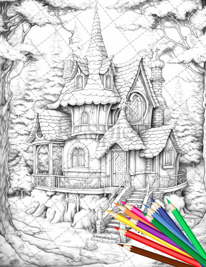 63 Winter Fairy Houses Grayscale Coloring Pages Printable for Adults, PDF File Instant Download