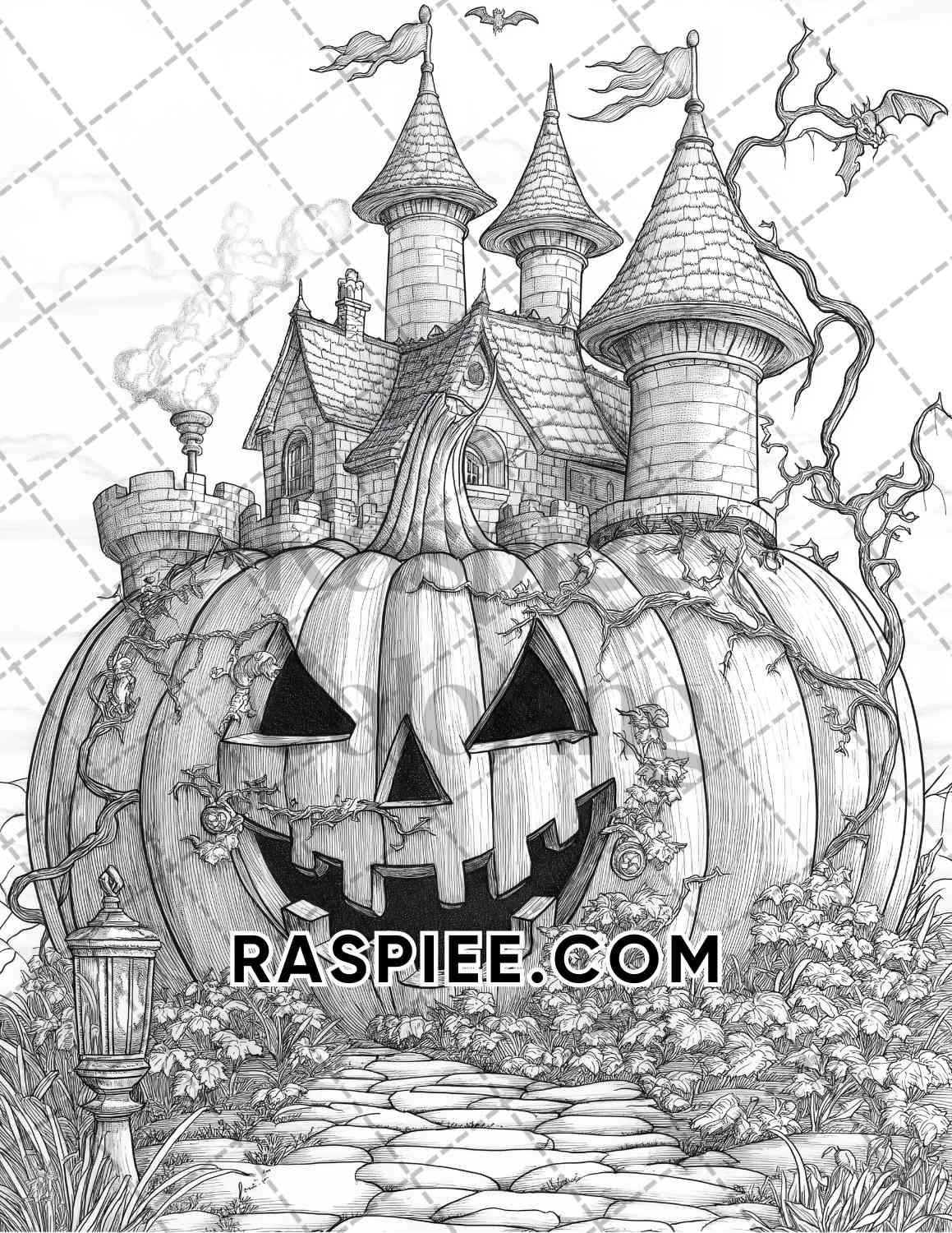 Fantasy Giant Pumpkin Castles Adult Coloring Pages Printable PDF Instant Download