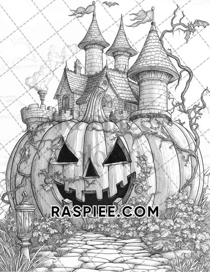 Fantasy Giant Pumpkin Castles Adult Coloring Pages Printable PDF Instant Download