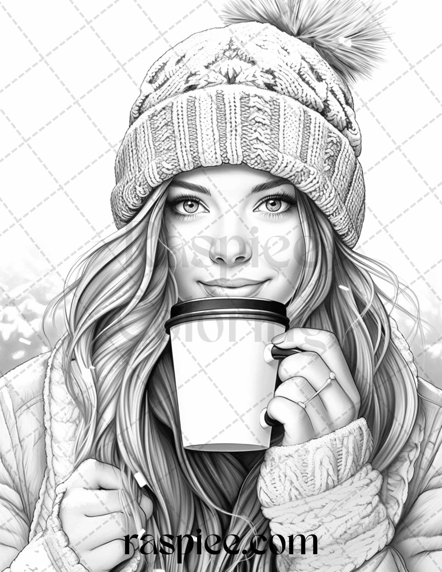 60 Beautiful Winter Girls Grayscale Coloring Pages Printable for Adults, PDF File Instant Download
