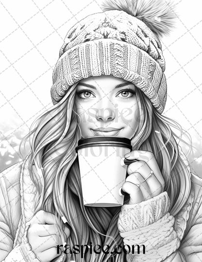 60 Beautiful Winter Girls Grayscale Coloring Pages Printable for Adults, PDF File Instant Download