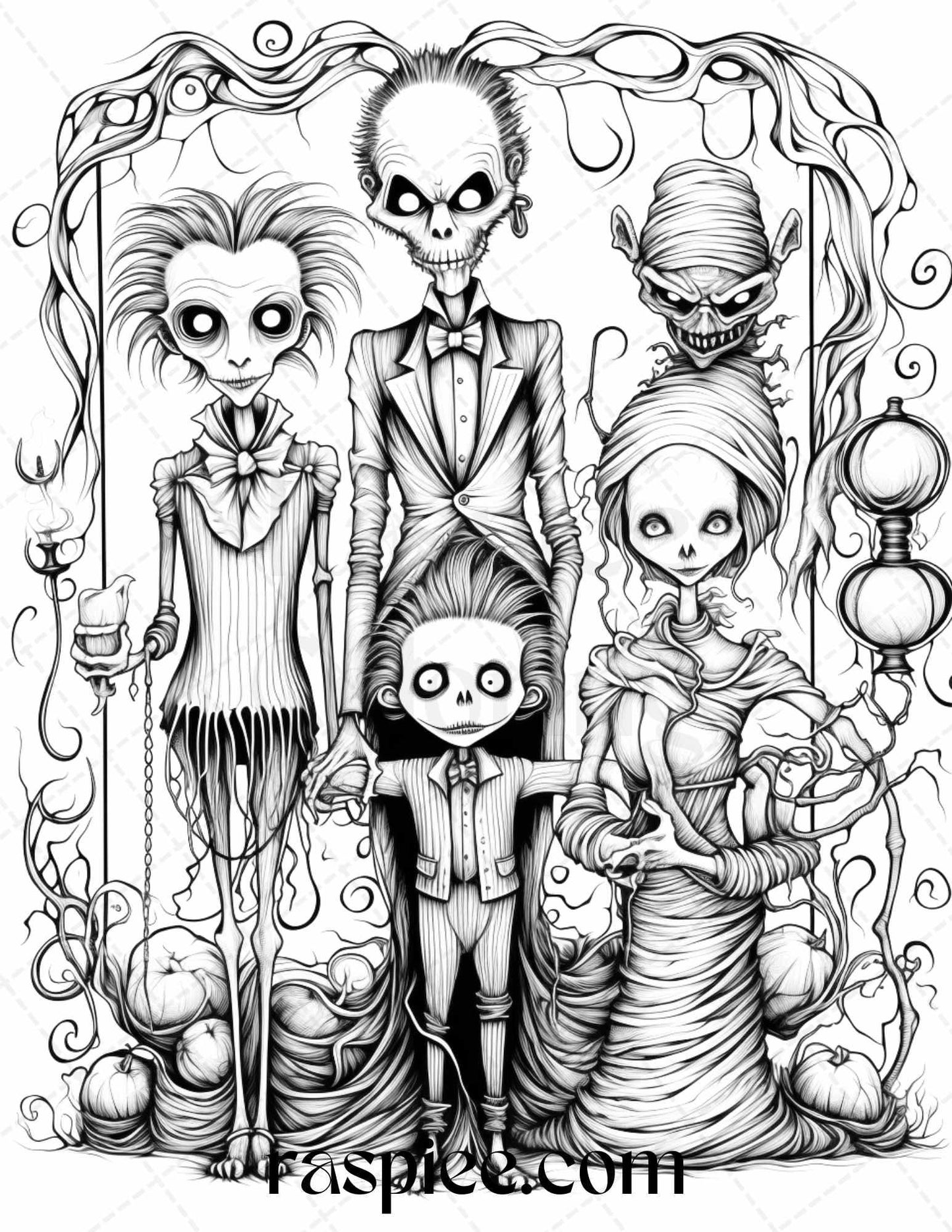 50 Monster Family Grayscale Coloring Pages Printable for Adults - Instant Download, Halloween Coloring Book, Fun and Spooky Designs