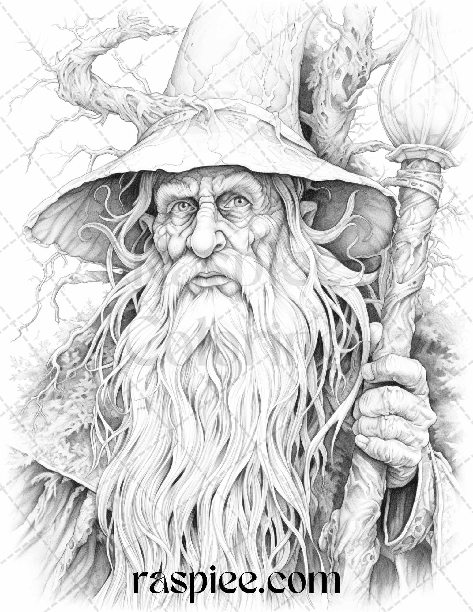 50 Magical Wizard Grayscale Coloring Pages for Adults, Printable PDF File Instant Download