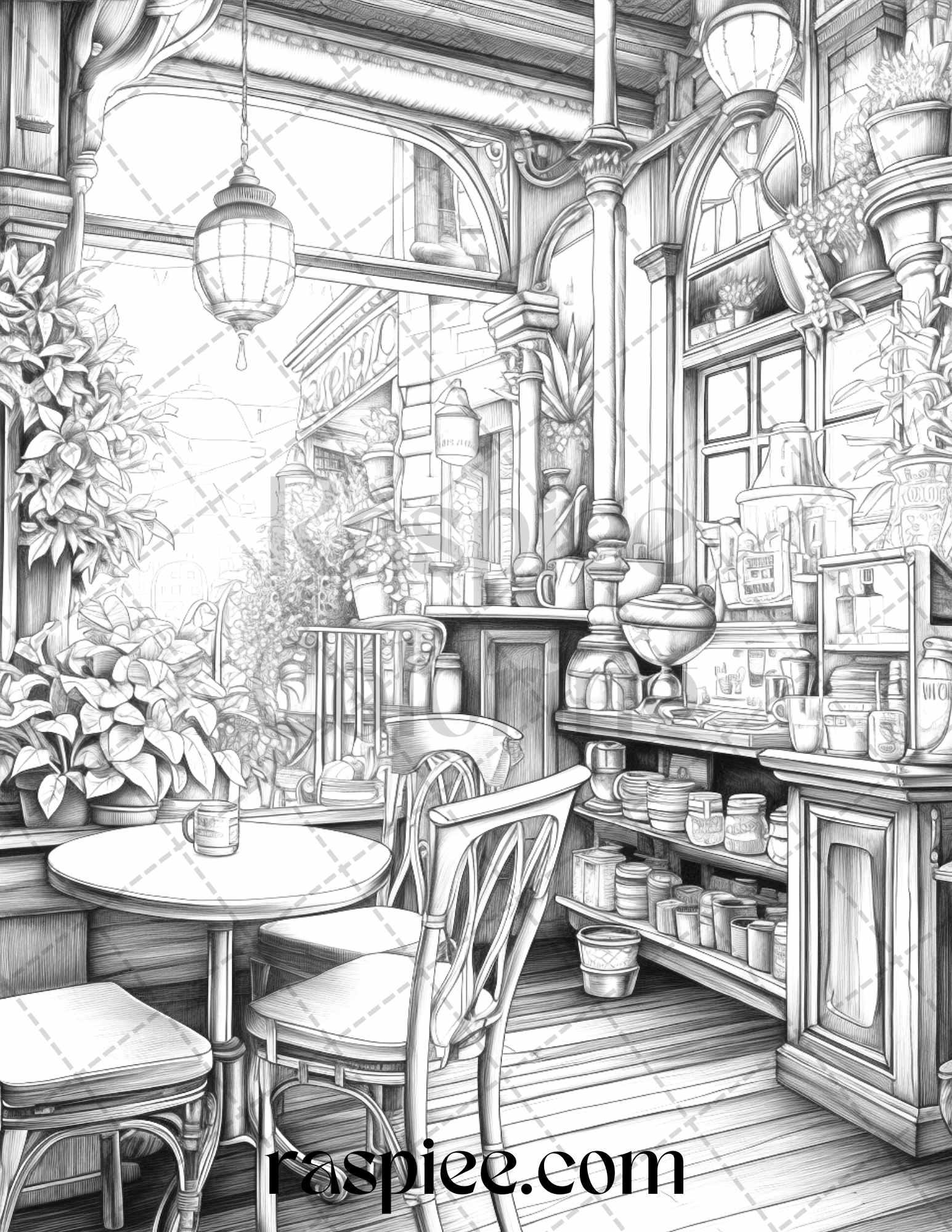 50 Cozy Coffee Shop Grayscale Coloring Pages Printable for Adults, PDF File Instant Download