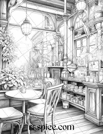 50 Cozy Coffee Shop Grayscale Coloring Pages Printable for Adults, PDF File Instant Download