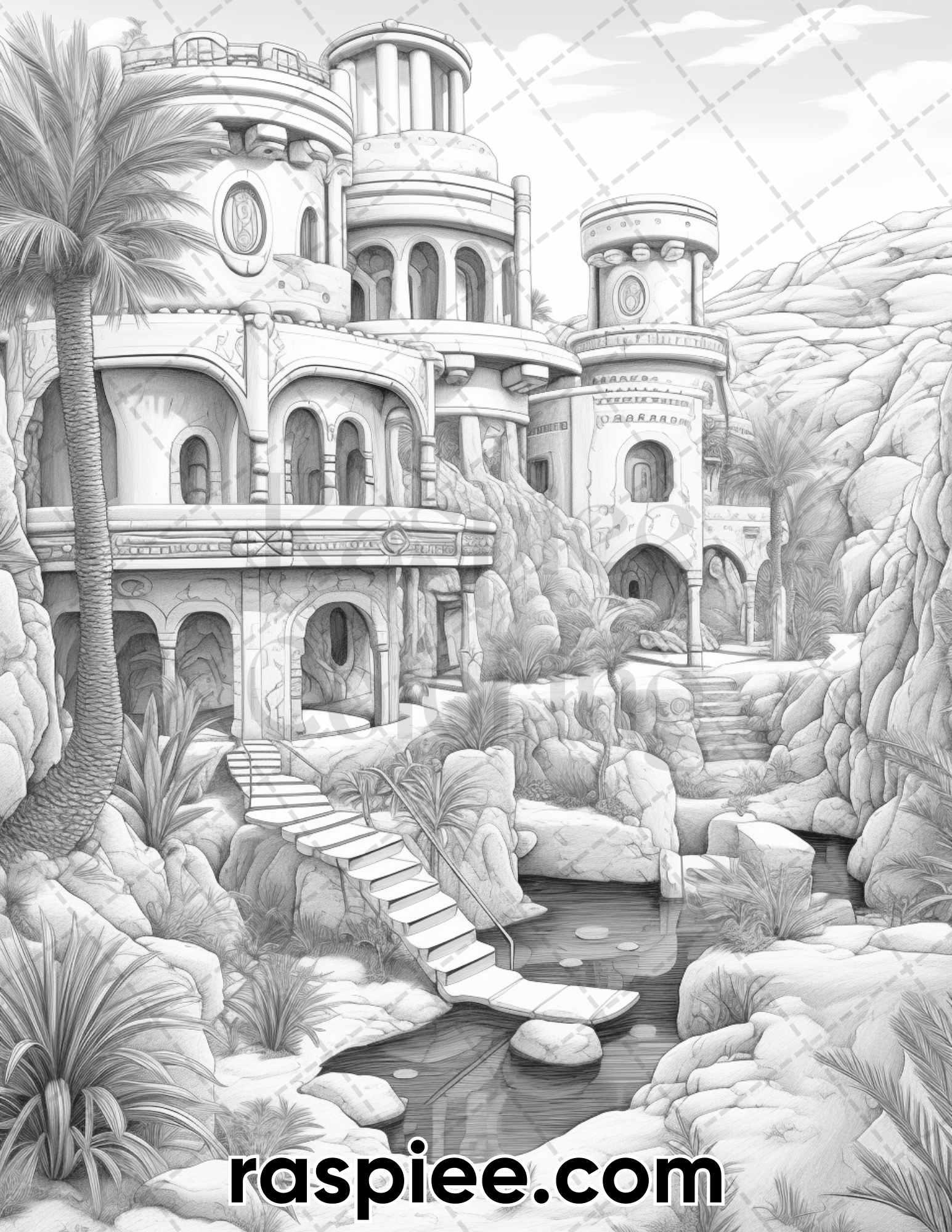 55 Desert Oasis Fairy Homes Grayscale Coloring Pages for Adults, Printable PDF Instant Download