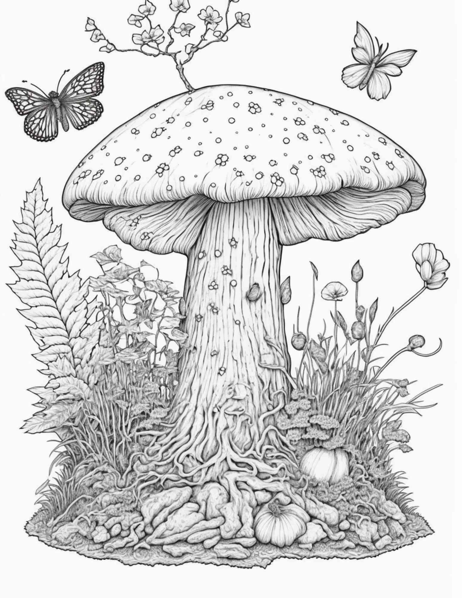 100 Mushroom Forest Coloring Pages Printable for Adults and Kids, Grayscale Coloring Book, Printable PDF File Instant Download