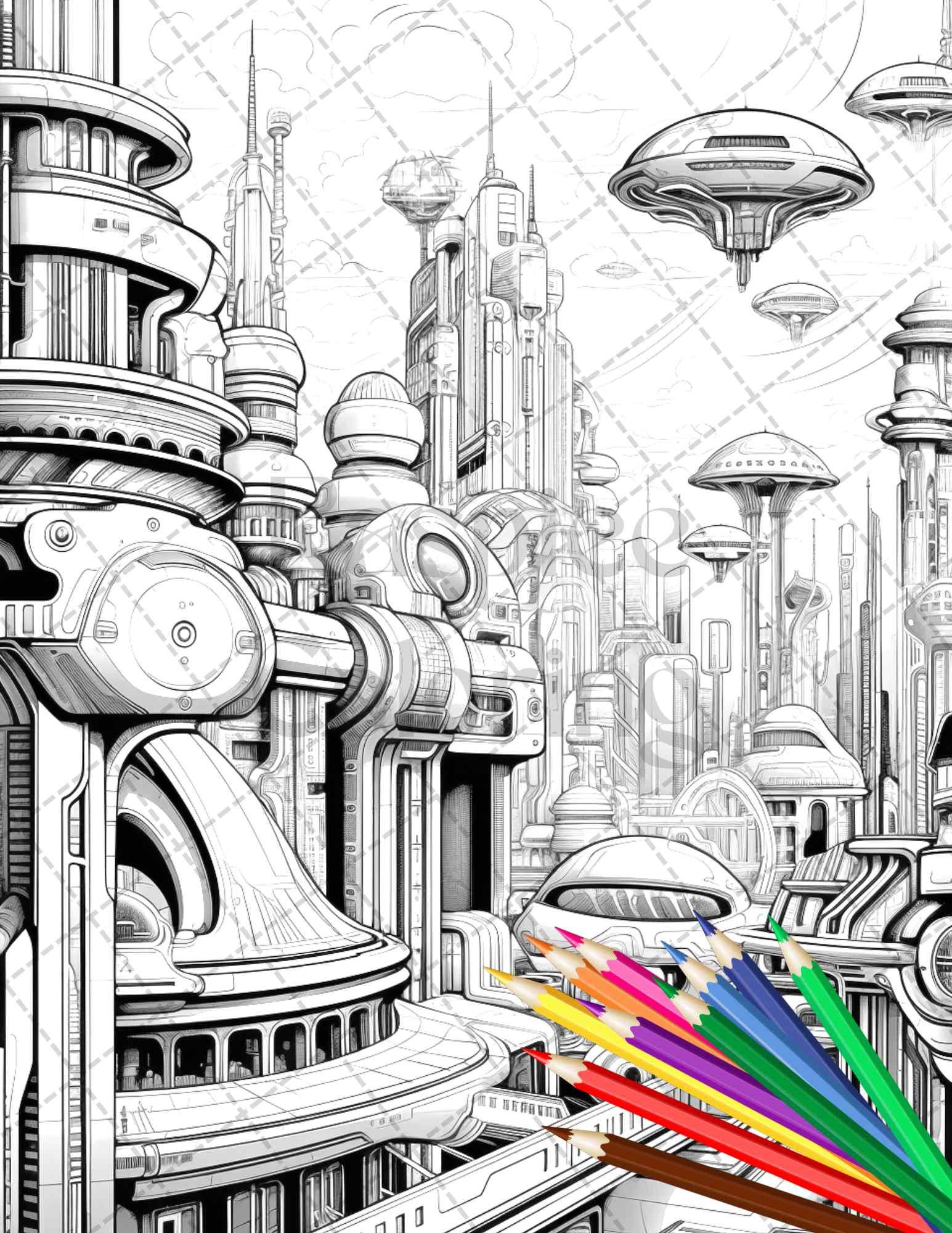 50 Futuristic Metropolis Grayscale Coloring Pages Printable for Adults, PDF File Instant Download