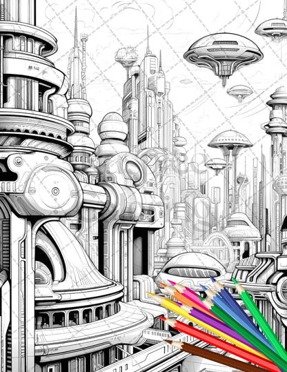 50 Futuristic Metropolis Grayscale Coloring Pages Printable for Adults, PDF File Instant Download
