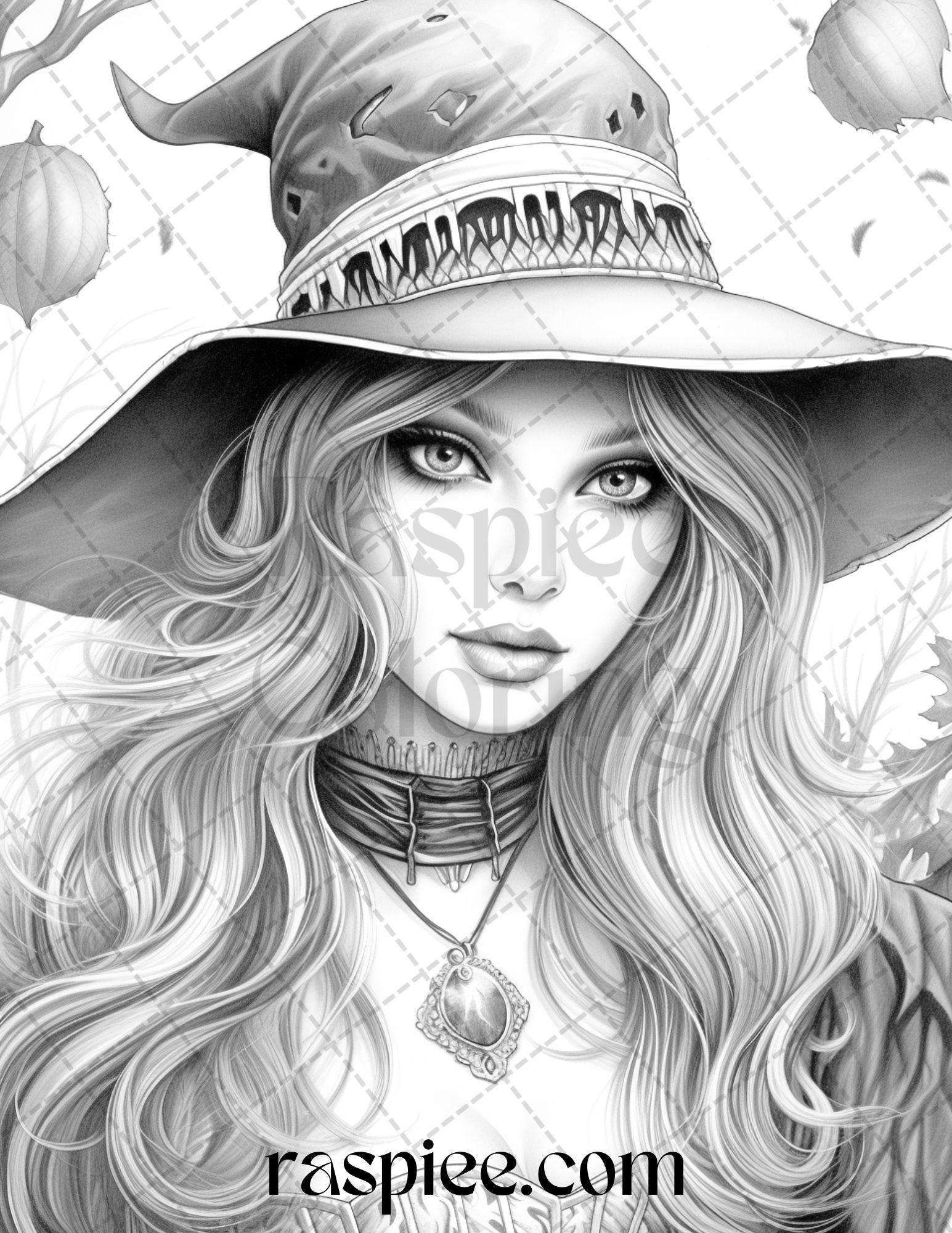 55 Halloween Girls Grayscale Coloring Pages Printable for Adults, PDF File Instant Download
