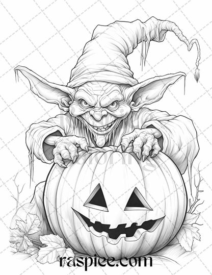 50 Halloween Goblin Grayscale Coloring Pages Printable for Adults, PDF File Instant Download