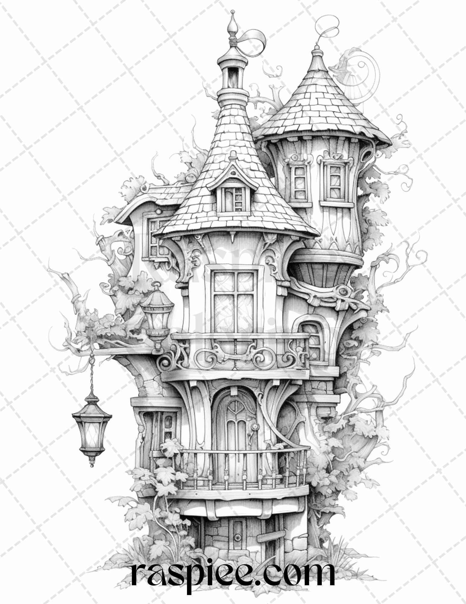 50 Lantern Fairy Houses Grayscale Coloring Pages Printable for Adults, PDF File Instant Download